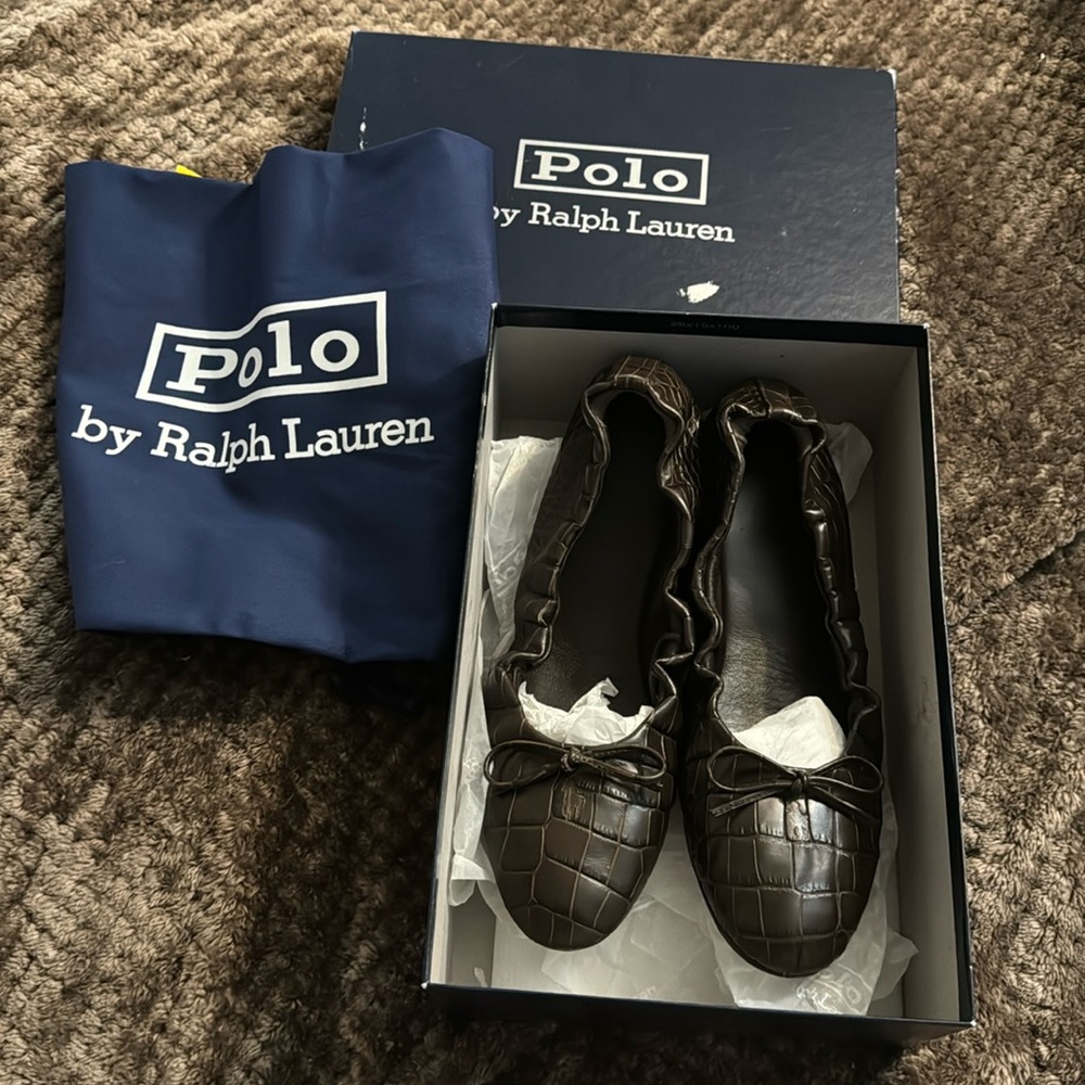 Polo by Ralph Lauren Soft Calfskin Croc Embossed Leather Ballet Flats